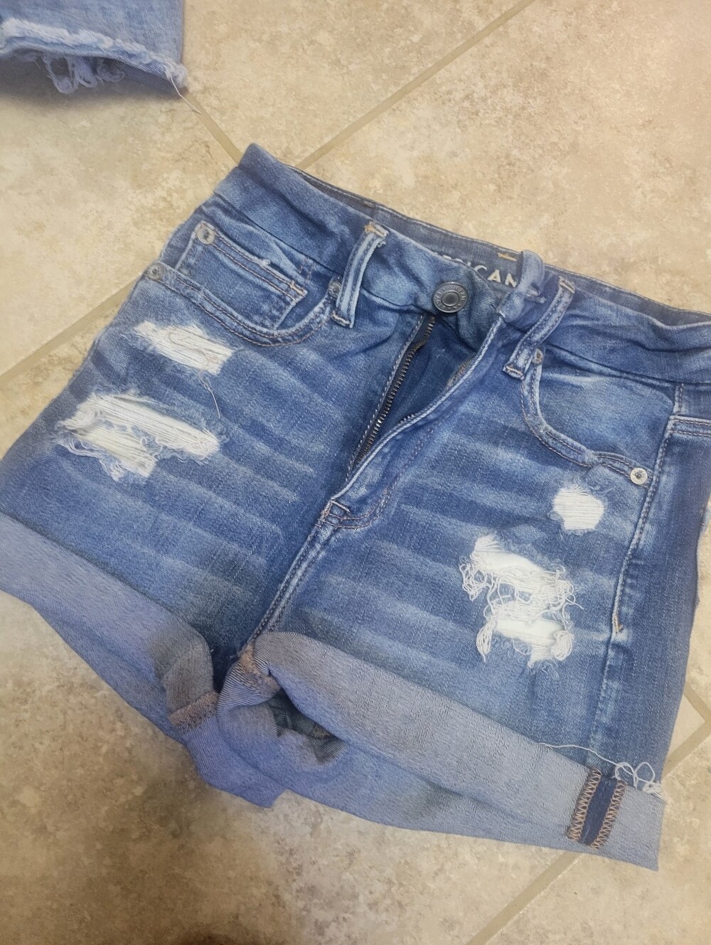 American Eagle Outfitters Light Blue Distressed Roll-Cuff Denim Shorts